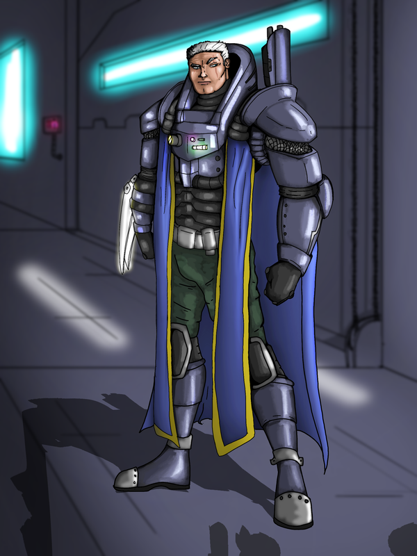 A grizzled military commander clad in futuristic sci armor stand resolute and tall in a hangar looking on his troops whose shadows are just barely peeking into the image. 